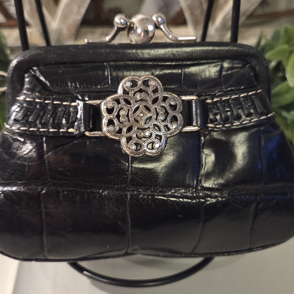 Brighton Black Croc Embossed Leather Kiss Lock Coin Elegant Black Leather Clutch - Picture 2 of 12